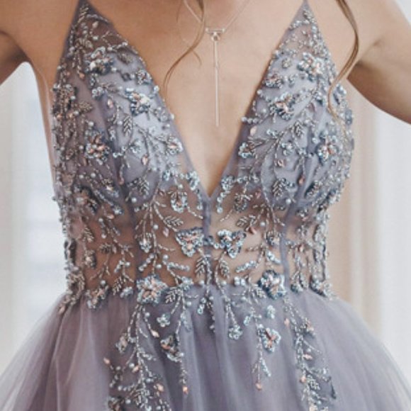 SMOKEY BLUE COLOR PROM PARTY Deep V-Neck Leg Slit Evening Dress ALA0672 - Picture 4 of 8